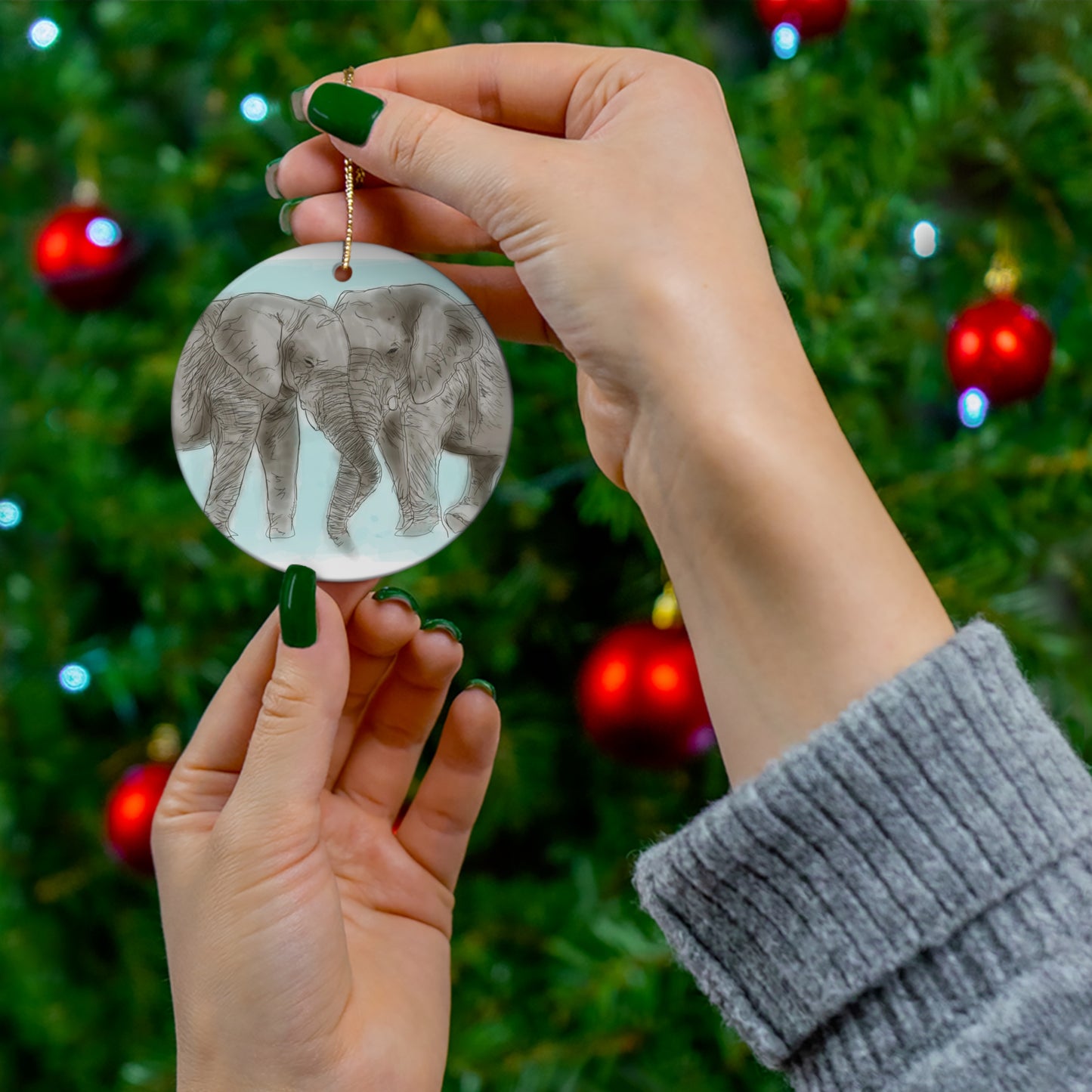 Kissing Elephants Ceramic Ornament